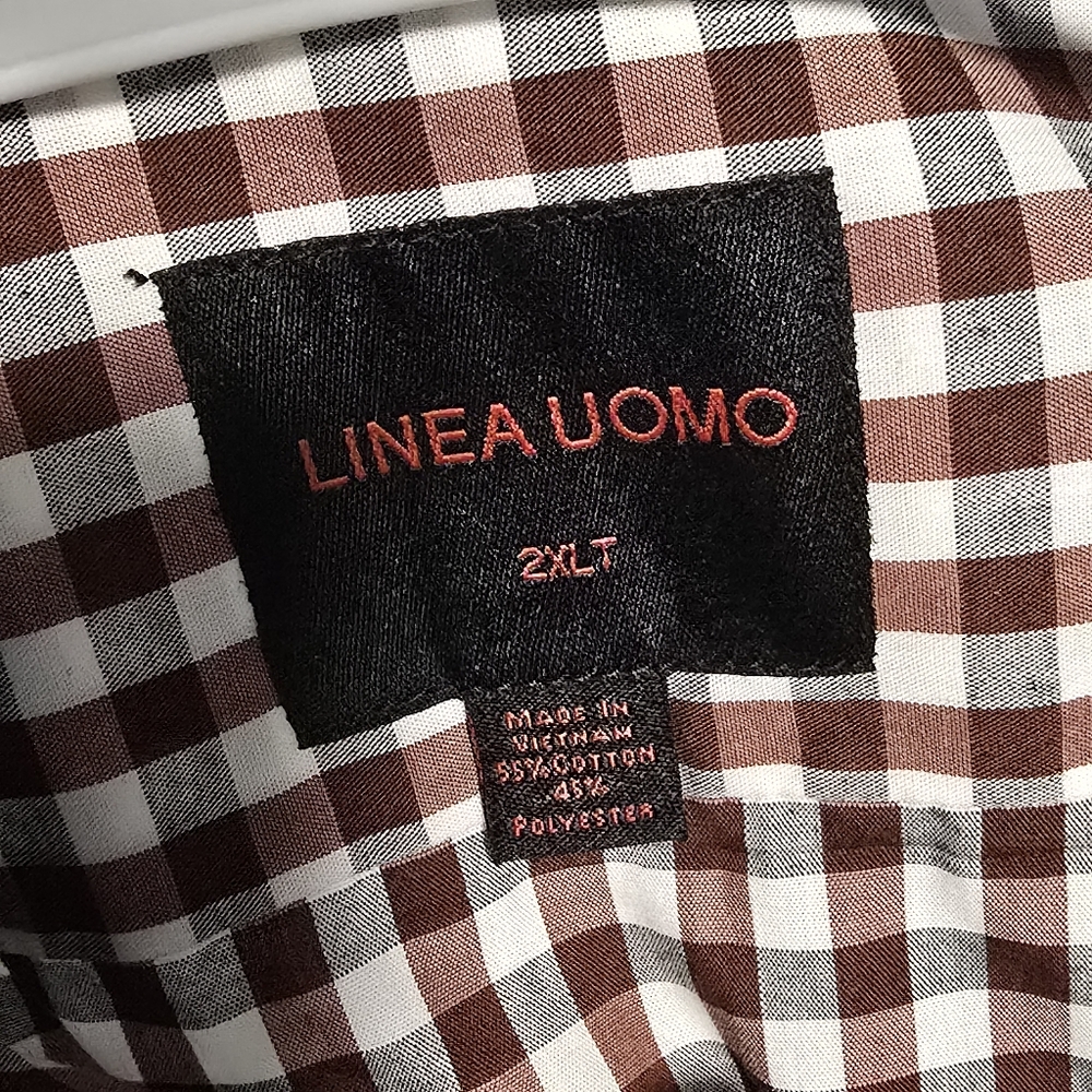 Men's Linea Uomo Gingham Stretch Button Down Shirt Brown Gray Long Sleeve 2XLT - Picture 8 of 10
